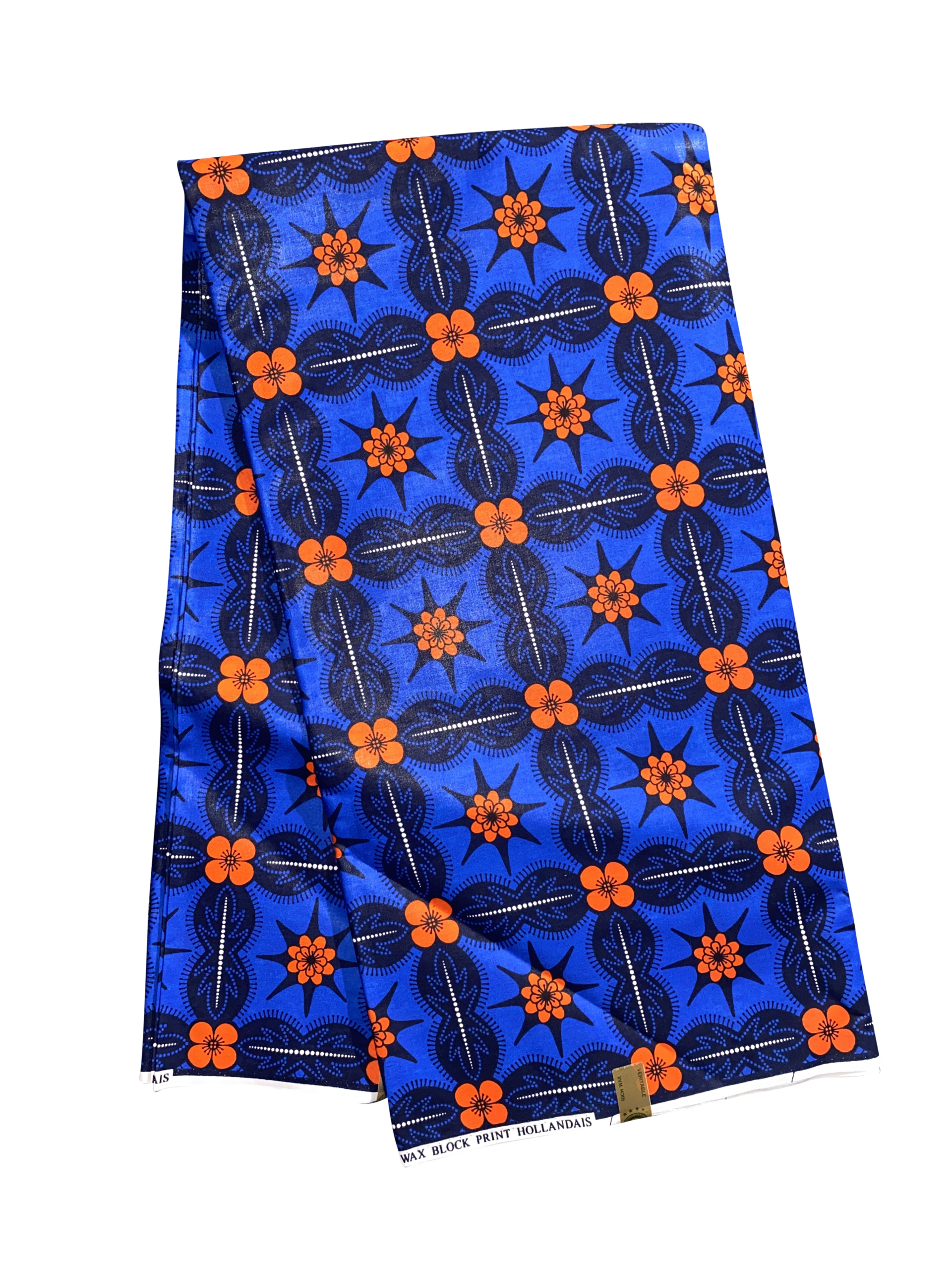 Blue Orange Black White Square Flowers Ankara African Print Fabric 6 Yards