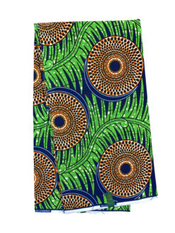 Green Orange Dark Blue Target Spiky Leaves Ankara African Print Fabric 6 Yards