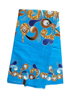 Blue Brown White Boteh Gold Glitter Ankara African Print Fabric 6 Yards