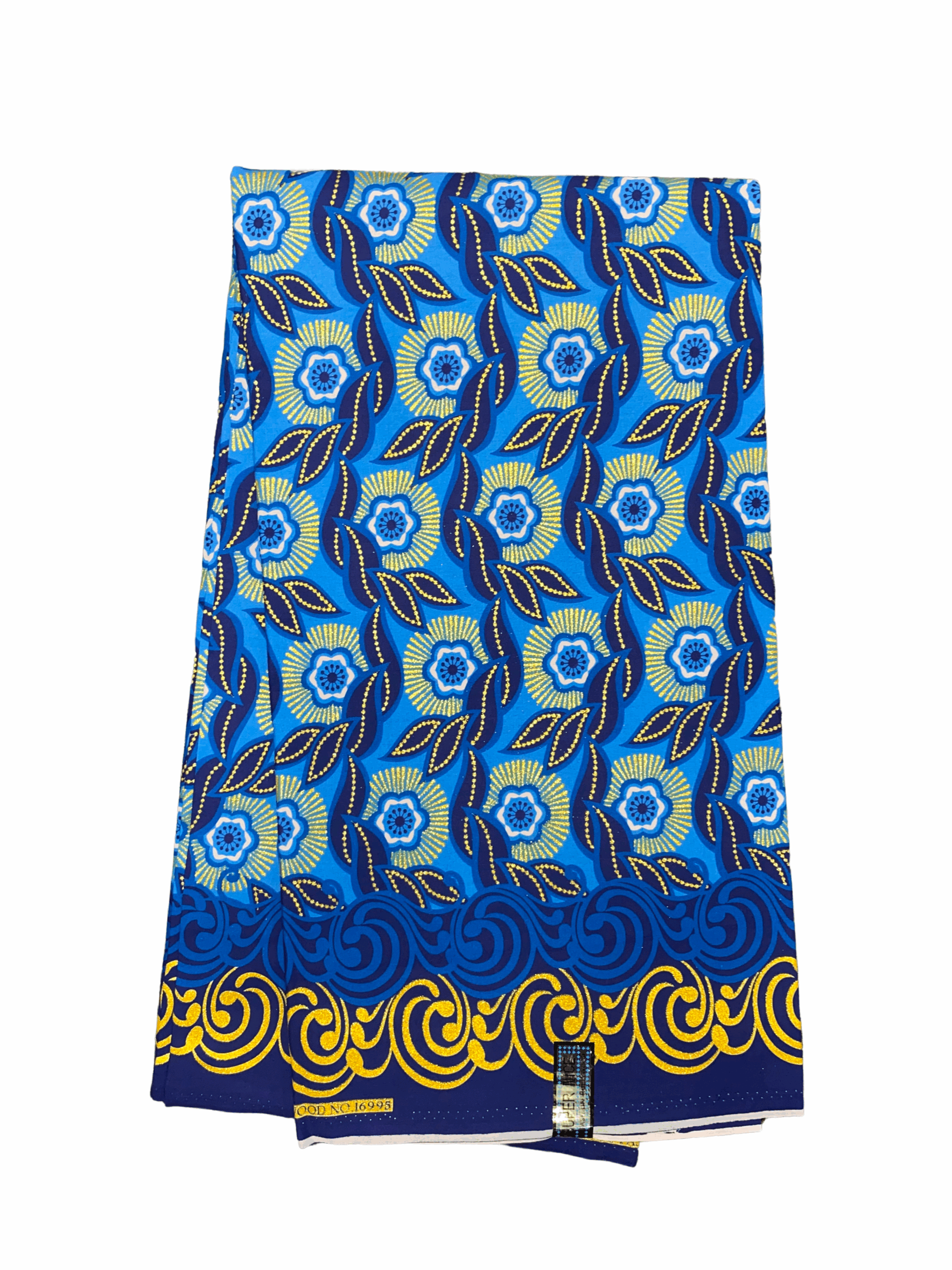 Blue Gold White Flower Stem Ankara African Print Fabric 6 Yards