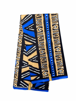 Blue Tan Black White Column Mud Cloth Ankara African Print Fabric 6 Yards