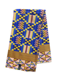 Blue Tan Burgundy Gold Obaakofo Mmu Man Glitter Kente African Ankara Print Fabric 6 Yards