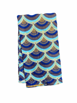 Blue Teal Gold White Picks Fan Glitter Ankara African Print Fabric 6 Yards