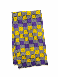 Purple Yellow Black White Square Blocks Ankara African Print Fabric 6 Yards