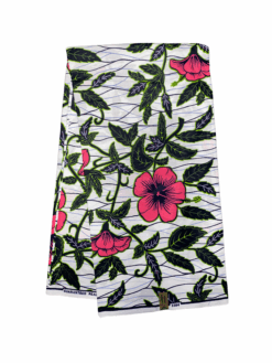 White Green Pink Black Hibiscus Topizo Flower Ankara African Print Fabric 6 Yards