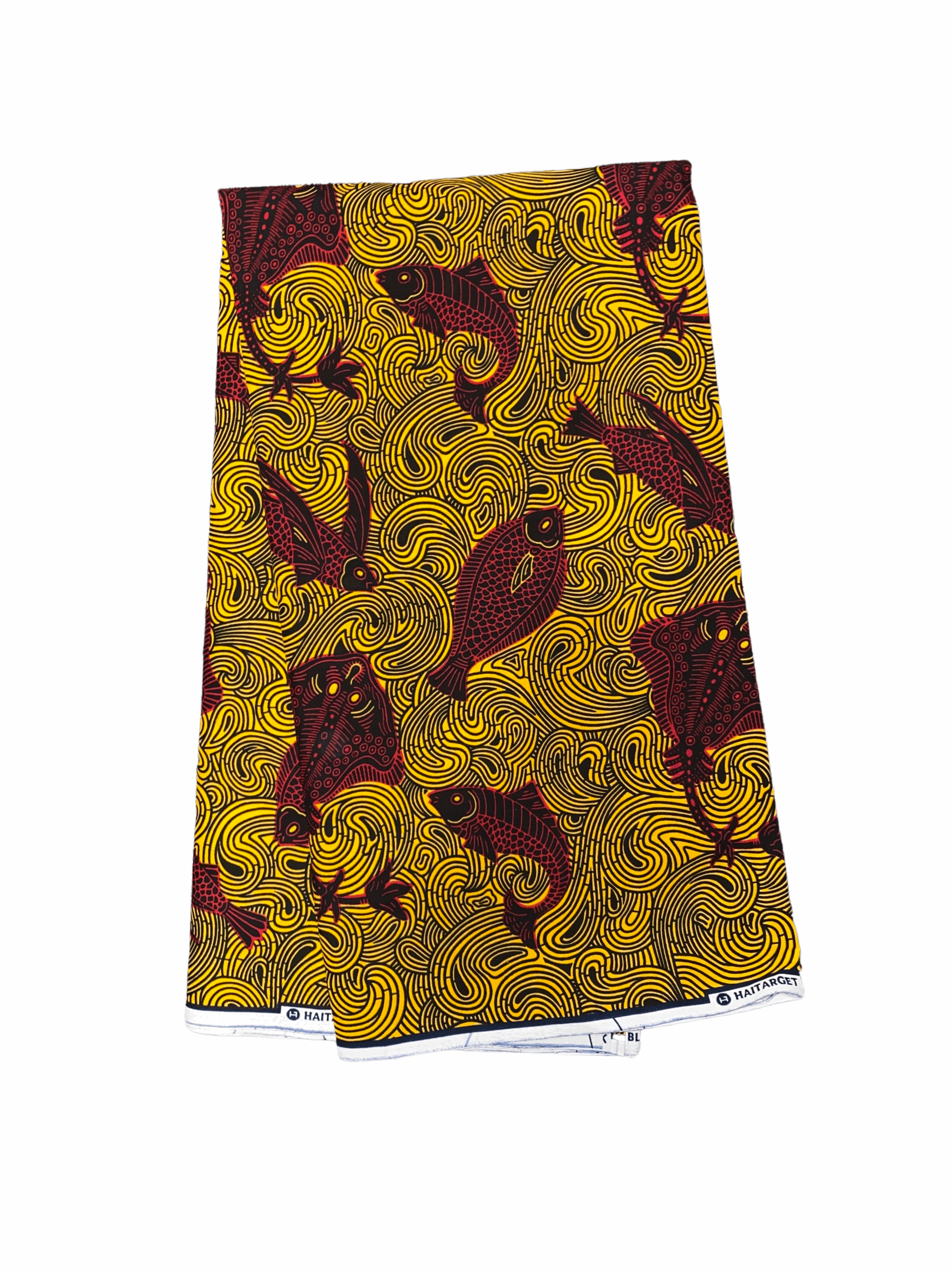 Yellow Black Red Swimming Fish Ankara African Print Fabric 6 Yards