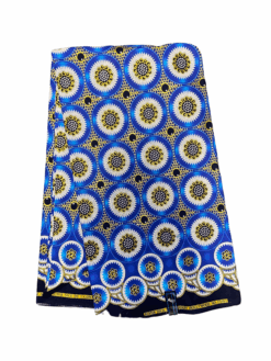 Blue Black White Gold Revolve Circles Glitter Ankara African Print Fabric 6 Yards