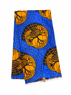 Blue Orange Black Three Tee Branches African Ankara Print Fabric 6 Yards