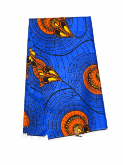 Blue Orange Yellow Black Peacock Feathers In A Pod Ankara African Print Fabric 6 Yards