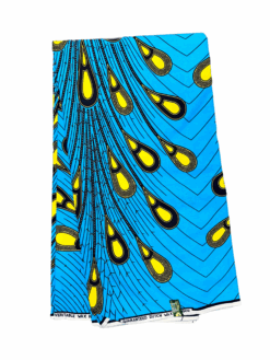 Blue Teal Black Yellow Electric Bulb Peacock Feathers Spread Out Ankara African Print Fabric 6 Yards