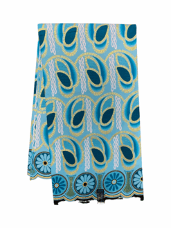 Blue Turquoise Gold Black White Chained Petals Glitter Ankara African Print Fabric 6 Yards