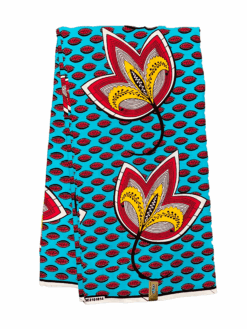Blue Teal Red Yellow Black White Open Petal Flower Ankara African Print Fabric Per Yard