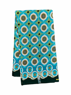Blue Turquoise Black White Gold Revolve Circles Glitter Ankara African Print Fabric 6 Yards