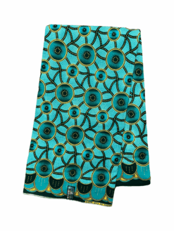 Blue Turquoise Gold Bind Circles Glitter African Ankara Print Fabric 6 Yards