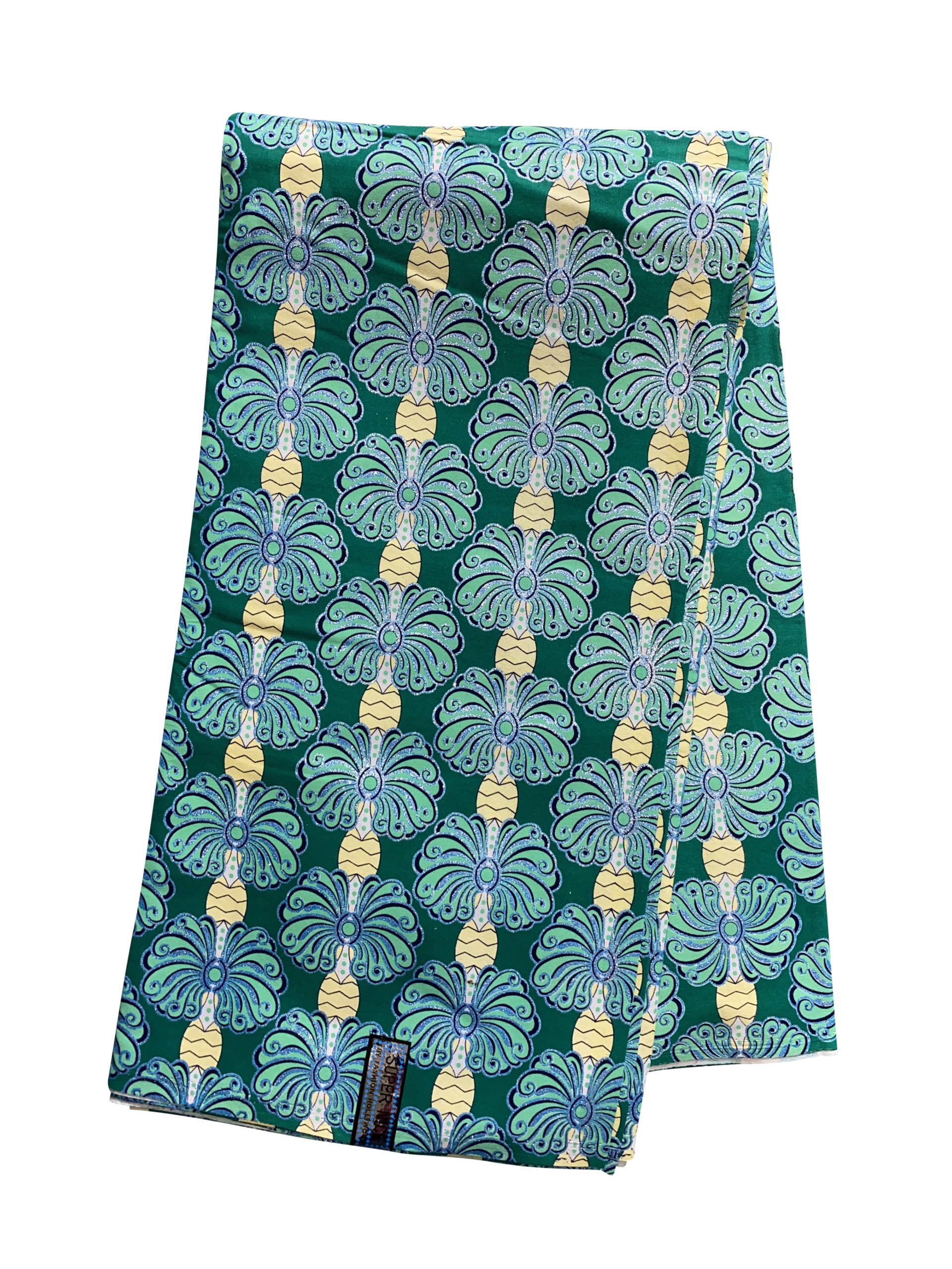 Green Yellow Blue Black Palm Tree Glitter Ankara African Print Fabric 6 Yards