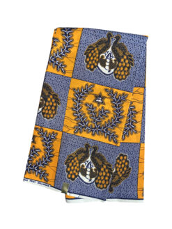 Orange Dark Blue White Rooster Wreath Ankara African Print Fabric 6 Yards