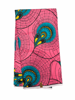 Pink Blue Yellow Black Peacock Feathers In A Pod Ankara African Print Fabric 6 Yards