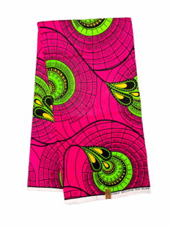 Pink Neon Green Yellow Black Peacock Feathers In A Pod Ankara African Print Fabric 6 Yards