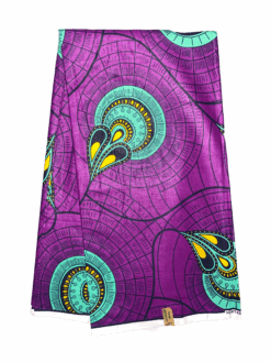 Purple Teal Yellow Black Peacock Feathers In A Pod Ankara African Print Fabric 6 Yards