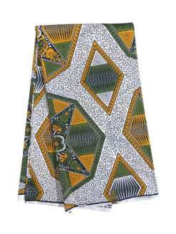 White Green Yellow Black Diamonds Curls Ankara African Print Fabric 6 Yards