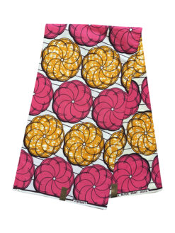 White Pink Orange Black Rotating Circle Fan Ankara African Print Fabric 6 Yards
