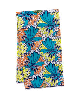 Blue Teal Orange Yellow White Black Fanned Out Sprout Ankara African Print Fabric 6 Yards