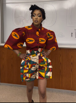 Bird Kente Structured Puff Sleeves High Waisted Pleated Panel Shorts Ankara African Print Set
